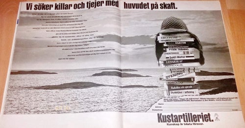 KUSTARTILLERIET - SÖKER KILLAR OCH TJEJER, REKLAM STOR ANNONS 1985