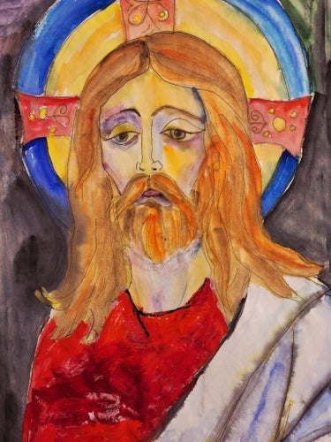 Målning av Jesus, Christina Svensson Abstrakt Akvarellmålning