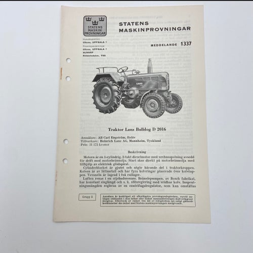 Traktor Lanz Bulldog D 2016 - Meddelande 1337 - Statens Maskinprovningar