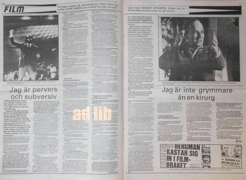 JOHN LANDIS & INGEMAR BERGMAN STEREOINTERVJU 3-Sidor TIDNINGSARTIKEL 1981