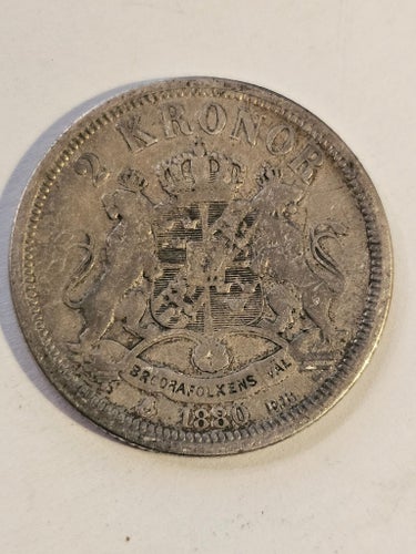 2 krona 1880 Med Sveriges OCH Norges. Raritet.