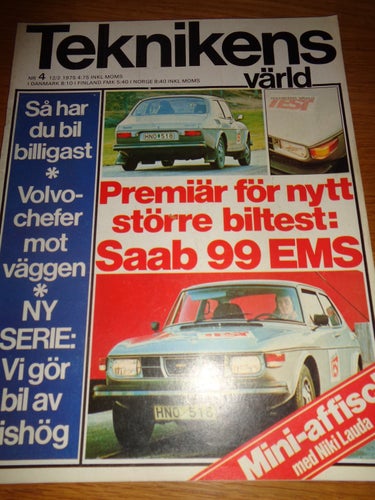 Teknikens Värld nr4 1975 Saab 99 EMS, Niki Lauda , Aston Martin V8