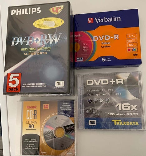 Oöppnade DVD-R, DVD+RW och CD-R skivor - Philips, Verbatim, Traxdata, Kodak