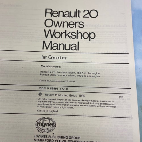 RENAULT 20 Owners Workshop Manual av Ian Coomber, 1980