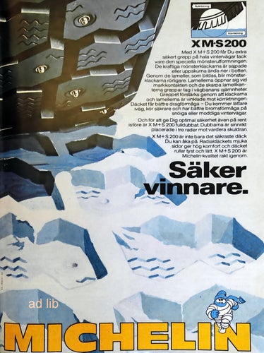 MICHELIN - SÄKER VINNARE, REKLAM TIDNINGSANNONS 1986