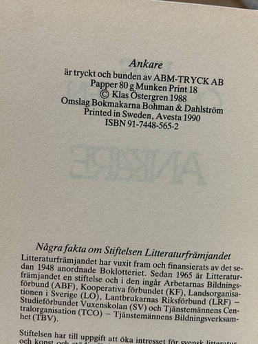 Ankare av Klas Östergren. bok, Very fine plus