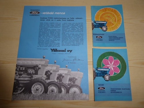 Ford traktor originalbroschyr och 2 olika oanvänd vykort på finska