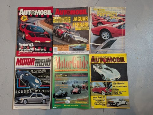 6 biltidningar wector W2/lotus Esprit s3/mercedes 190/Mustang/Ferrari/db4zagato