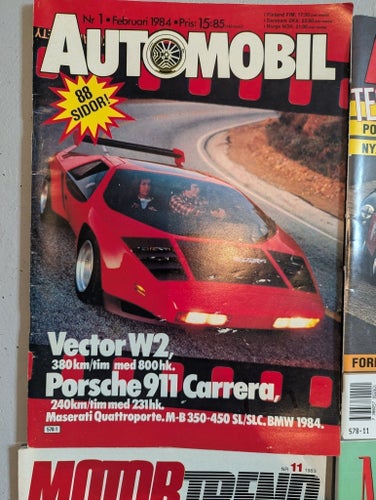 6 biltidningar wector W2/lotus Esprit s3/mercedes 190/Mustang/Ferrari/db4zagato