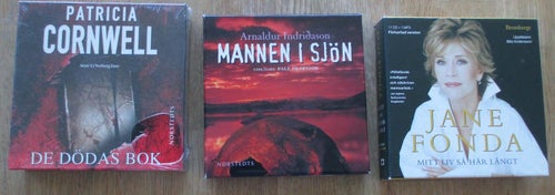 Tre CD- böcker, Patricia Cornwell, Jane Fonda, Arnaldur Indridason, Ljudböcker