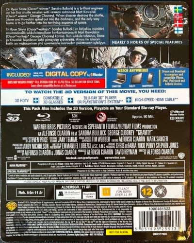 Gravity 3D STEELBOOK (Blu-ray 3D, Blu-ray, ) Sandra Bullock, George Clooney.