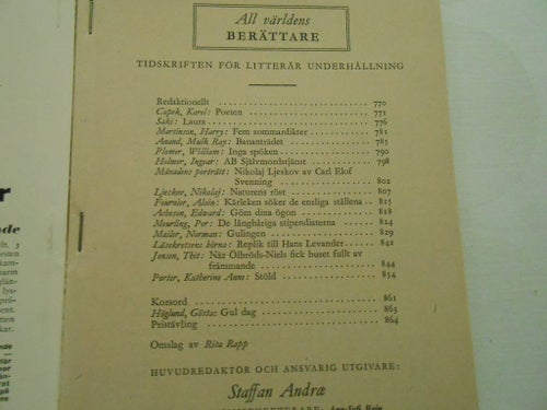 All världens berättare nr 9 1953 Nikolaj Ljeskov Harry Martinson Norman Mailer