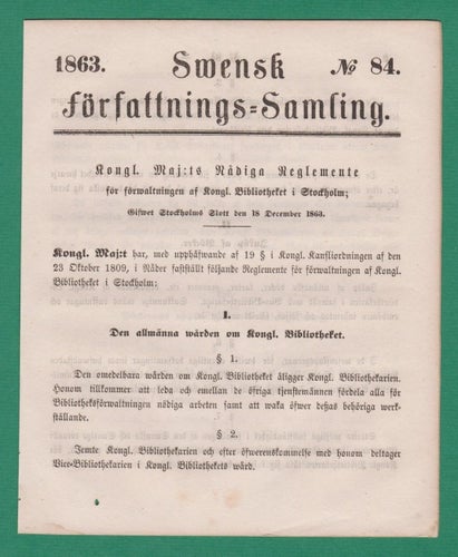 SFS 1863-84 Förwaltningen af Kongl. Bibliotheket i Stockholm