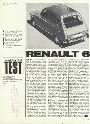 Biltest, Renault 6 1970, särtryck ur Teknikens Värld