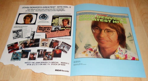 JOHN DENVER - GREATEST HITS VOL 2, RCA TIDNINGSANNONS 4 SIDOR PROMO 1977