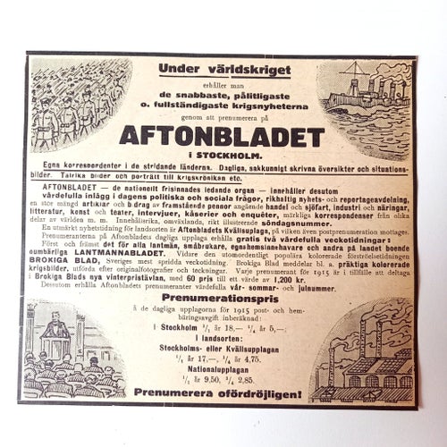 Aftonbladet tidningsannons från första världskriget 1915