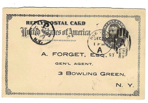 USA, 1893, Postkort, Svarsdel