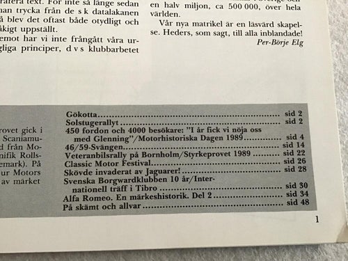 MOTORHISTORISKT MAGASIN NR 4 1989 JAGUAR I SKÖVDE,ALFA ROMEO,BORGWARD I TIBRO