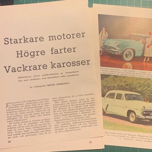 Retro-artikel ”Framtidens bilar med starkare motorer” från 1953