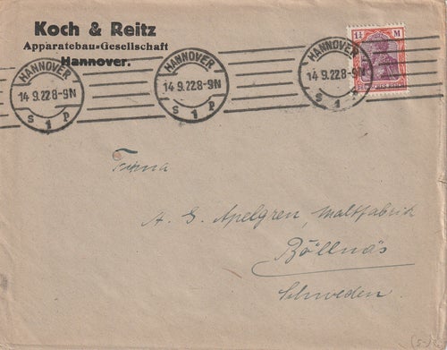 Tyskland Mi198 på brev stpl. Hannover 14.9.22 S 1 P