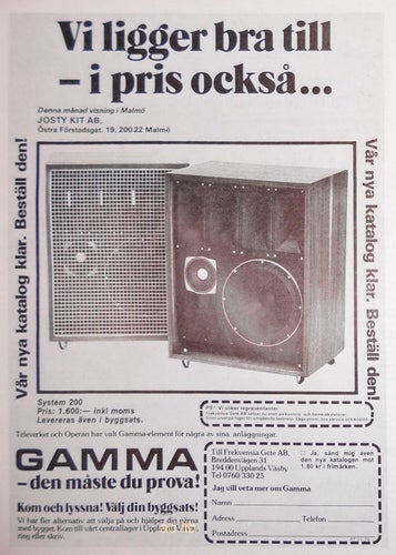 GAMMA SYSTEM 200 HÖGTALARBYGGSATS, FREKVENSIA GETE AB, HI-FI TIDNINGSANNONS 1975