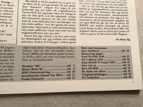 MOTORHISTORISKT MAGASIN NR 1 1987 SKROT KALLE I EDA BILSKROT,FORD V8,STUTZ,