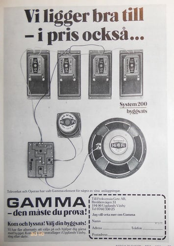 GAMMA - HÖGTALARELEMENT SYSTEM 200, HI-FI TIDNINGSANNONS 1975