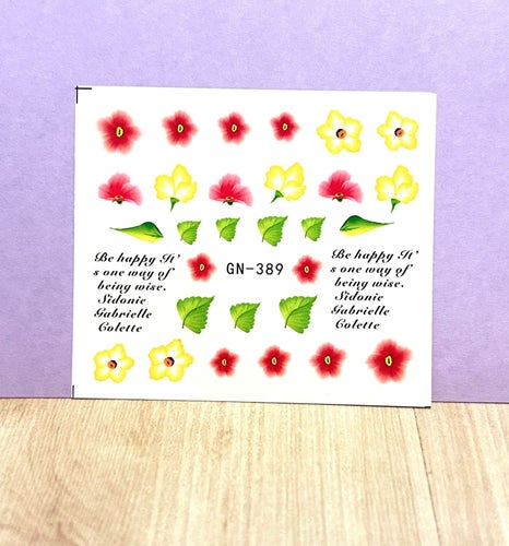 Nail Art Stickers röda gula liljor o gröna blad text Happy naglar design trend