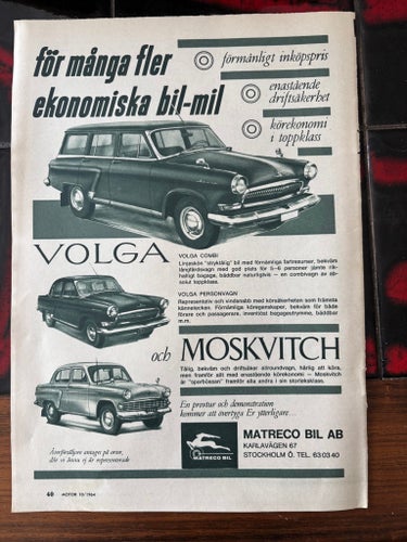 Volga och Moskvitch bilar 1964 annons
