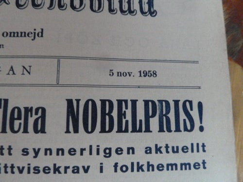GRÖNKÖPINGS VECKOBLAD, 1958 NOV. 5, NOBELPRIS, TIDNING