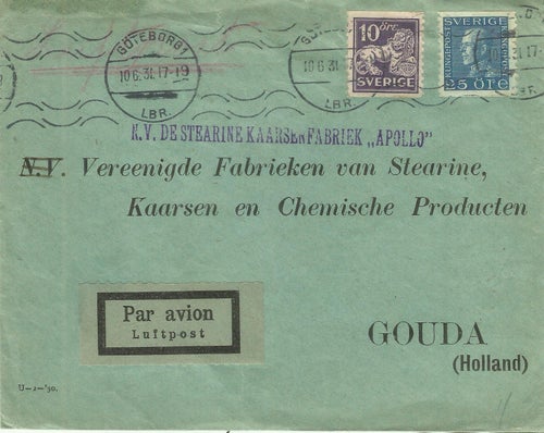 Flygbrev till Holland frankerat 25+10 öre Göteborg 1, 1931