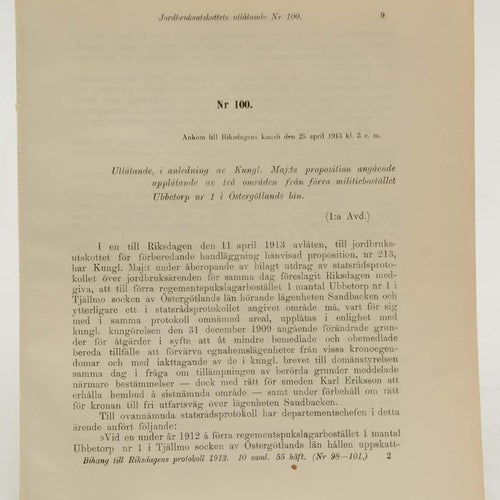 Jordbruksutskottets utlåtande nr 100 & nr 101 ...militiebostället Ubbetorp nr 1
