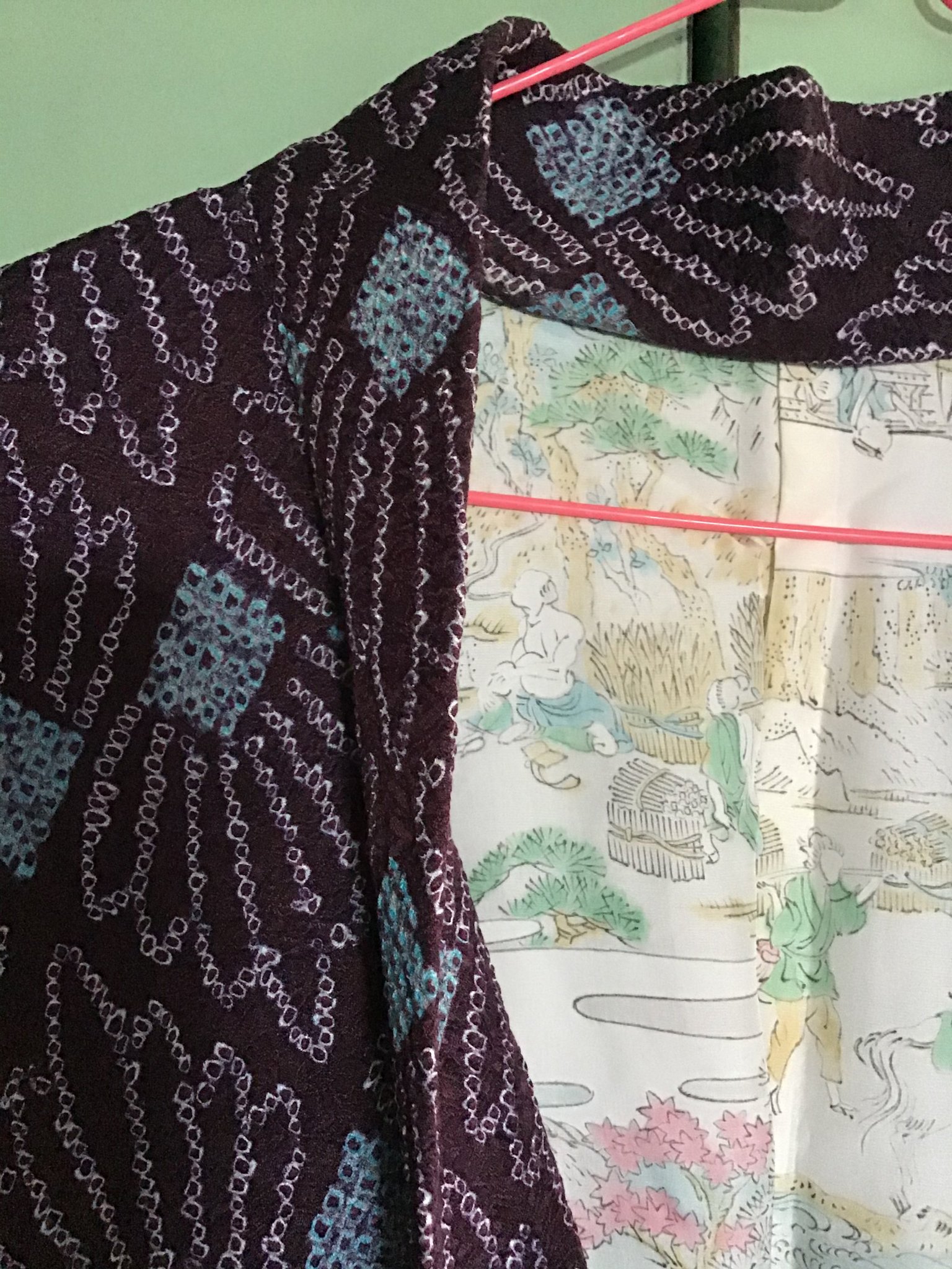 Japansk kimono i 100% siden, shibori, lila/tur ...