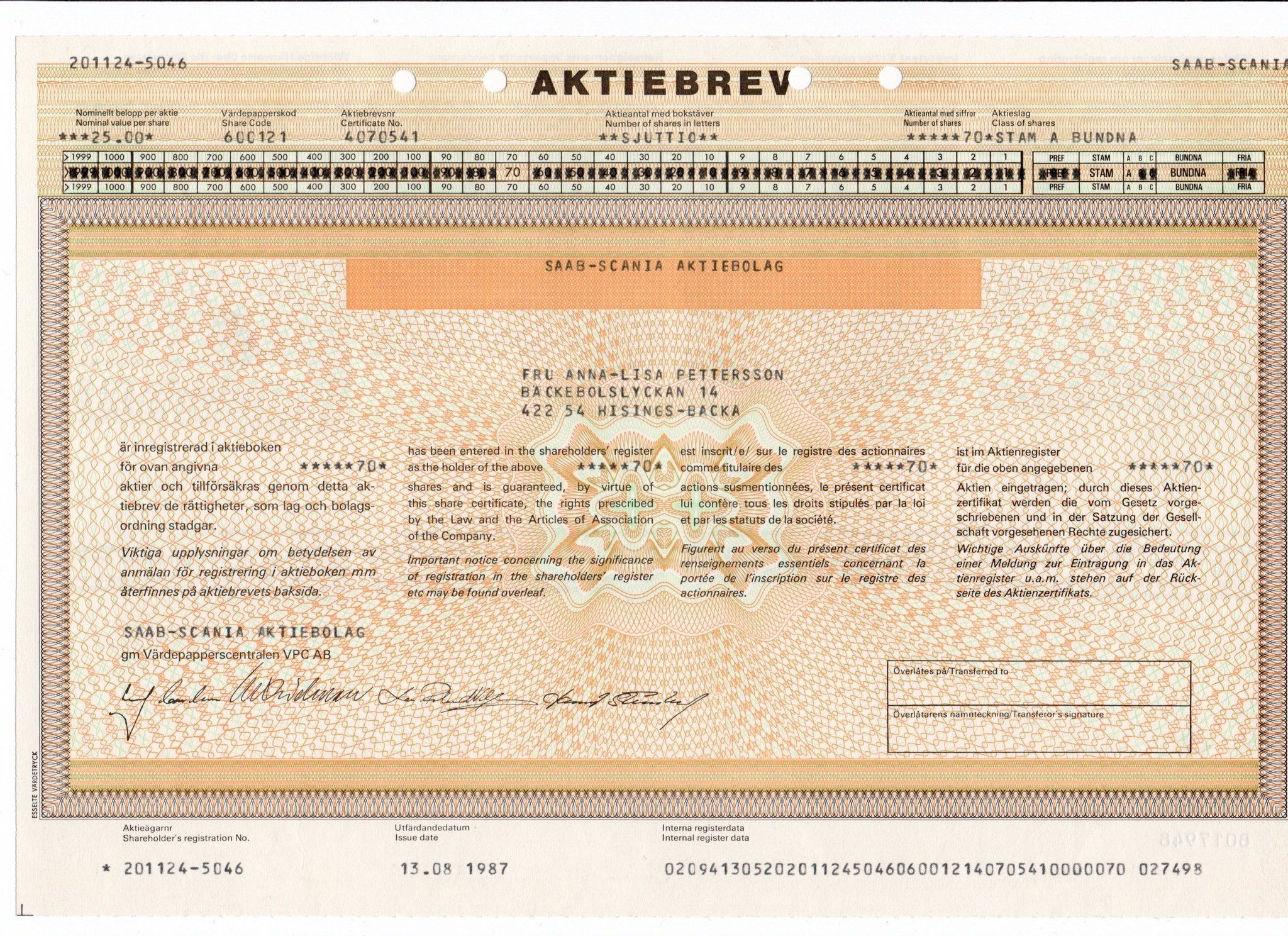 Aktiebrev - Saab-Scania AB - Stam A bundna - OV.. | Köp på Tradera ...