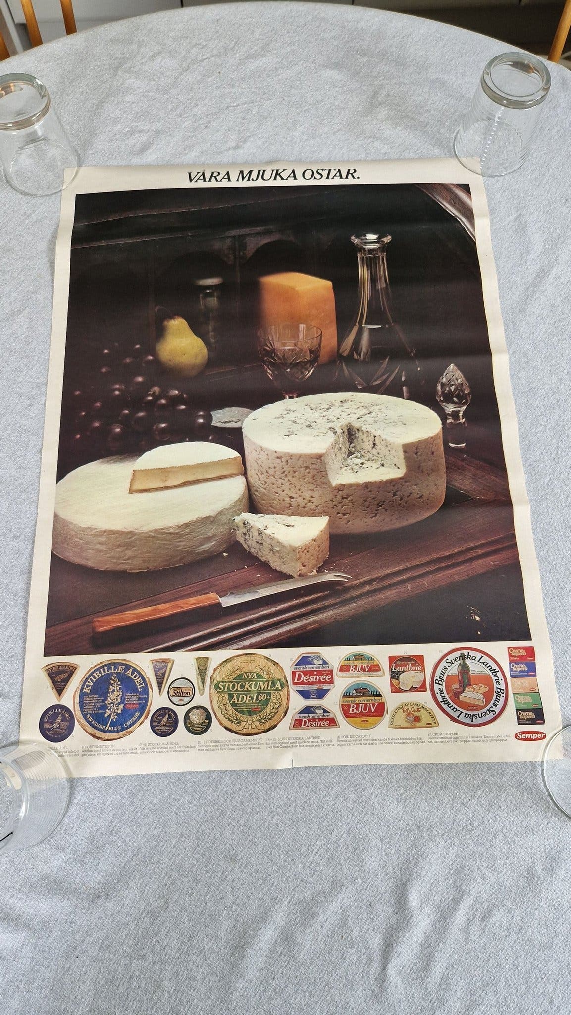 Vintage affisch, plansch med ostmotiv - Våra mjuka ostar. Semper .1978 .
