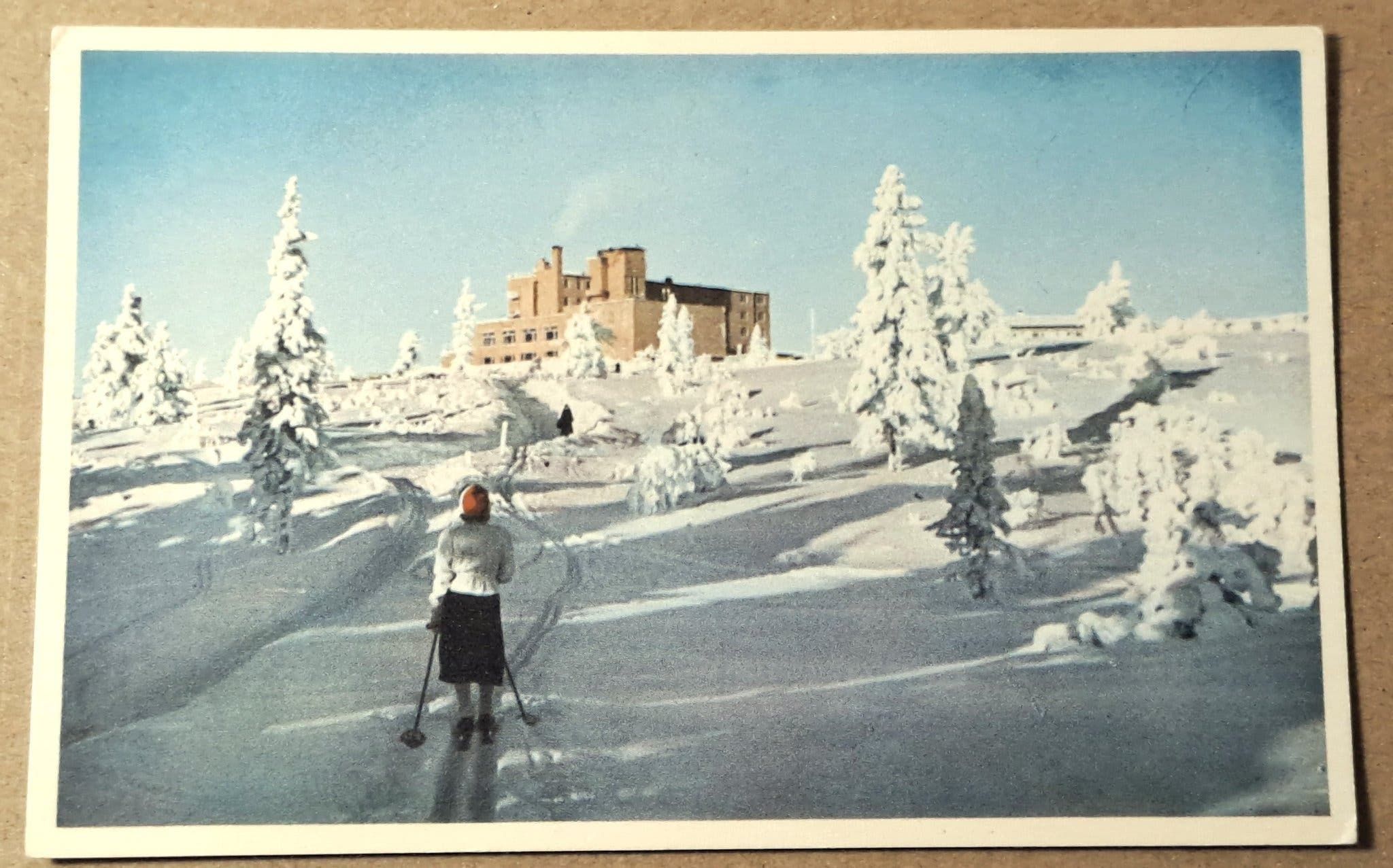 Artículo vintage de Högfjällshotellet en Sälen de los años 50 con tema invernal