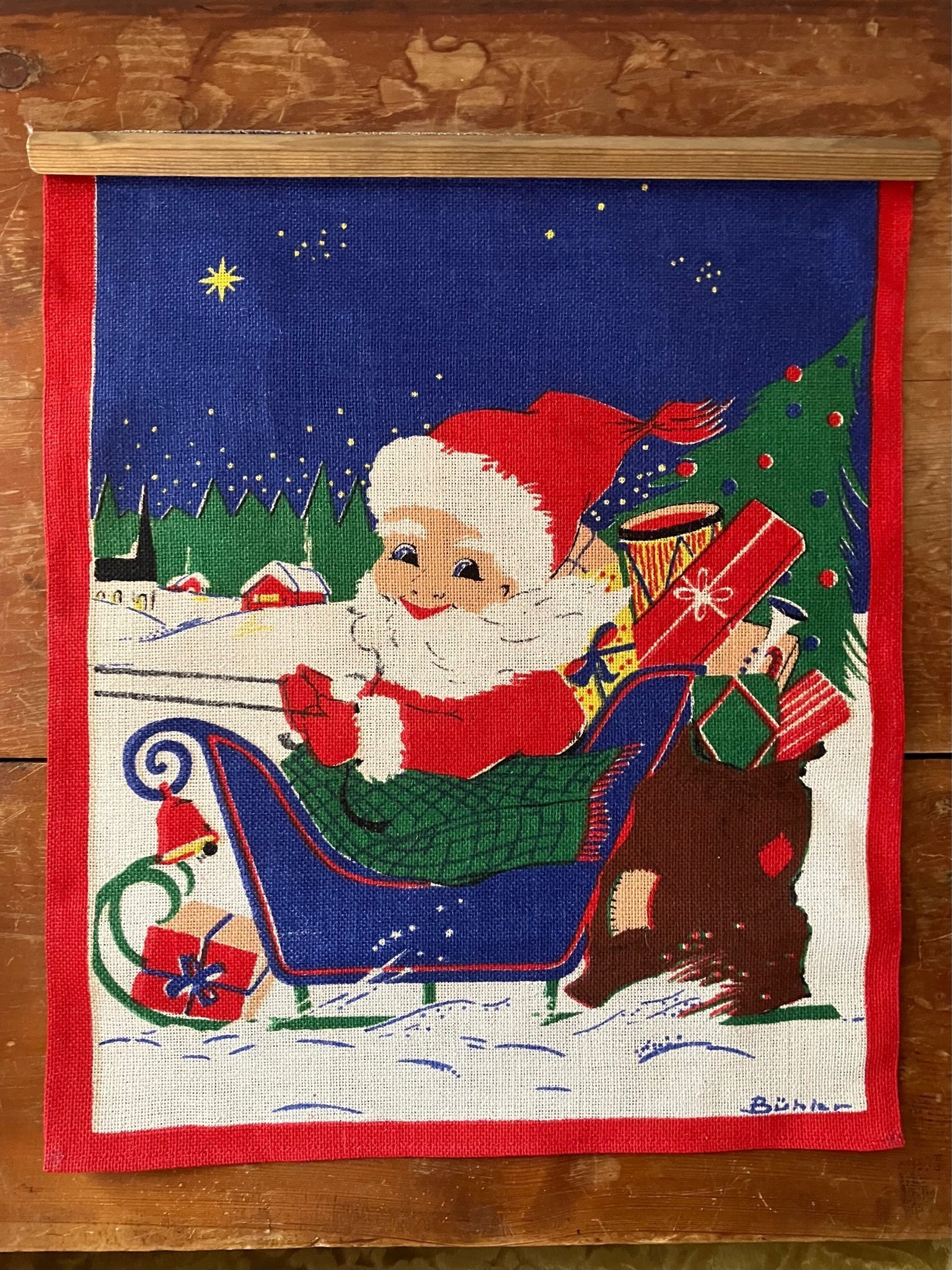 Fin tryckt julbonad, May Bühler, tomte med släd.. Köp på Tradera