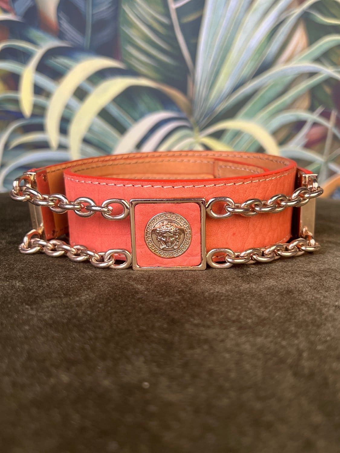 Versace orange belt with Medusa detail