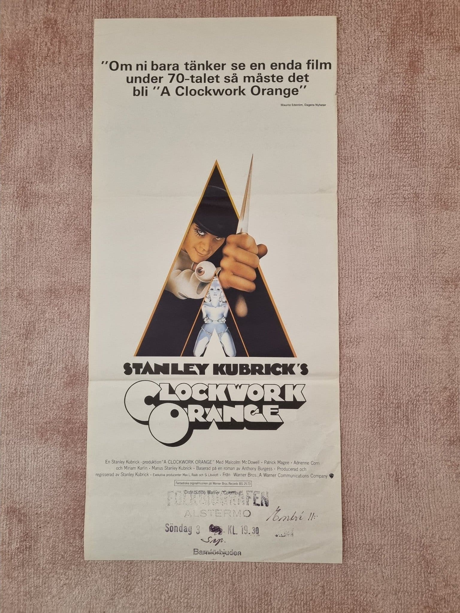 Vintage-elokuvajuliste A Clockwork Orange Tukholmasta 1974
