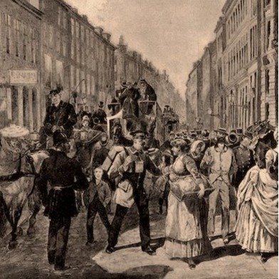 Träsnitt ”Folkliv på Strøget i Köpenhamn år 1886” från 1886