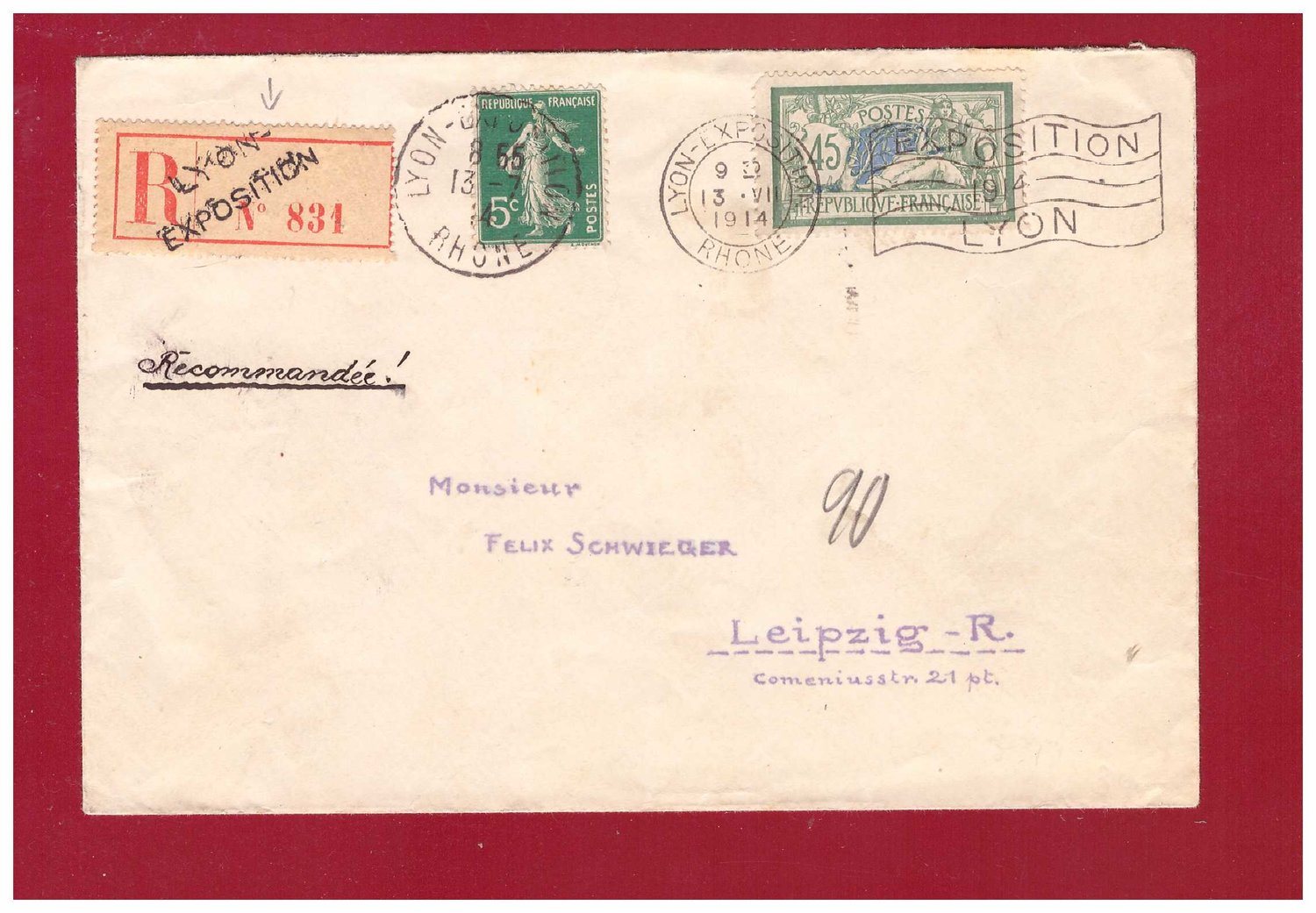 FRANCE. REG cover to Germany. LYON EXPOSITION 13 VII 1914. FRANCE. REG REG REG cover to Germany. LYON EXPOSITION 13 VII 1914. 1092ff