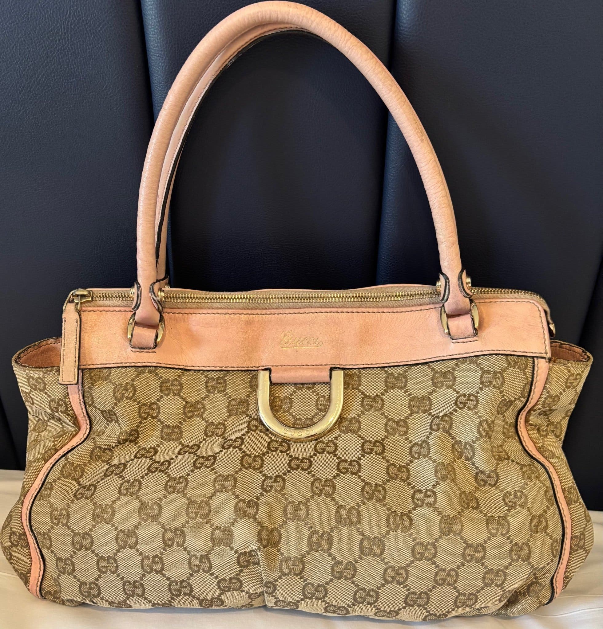 Gucci vintage GG monogram pink leather D-ring tote
