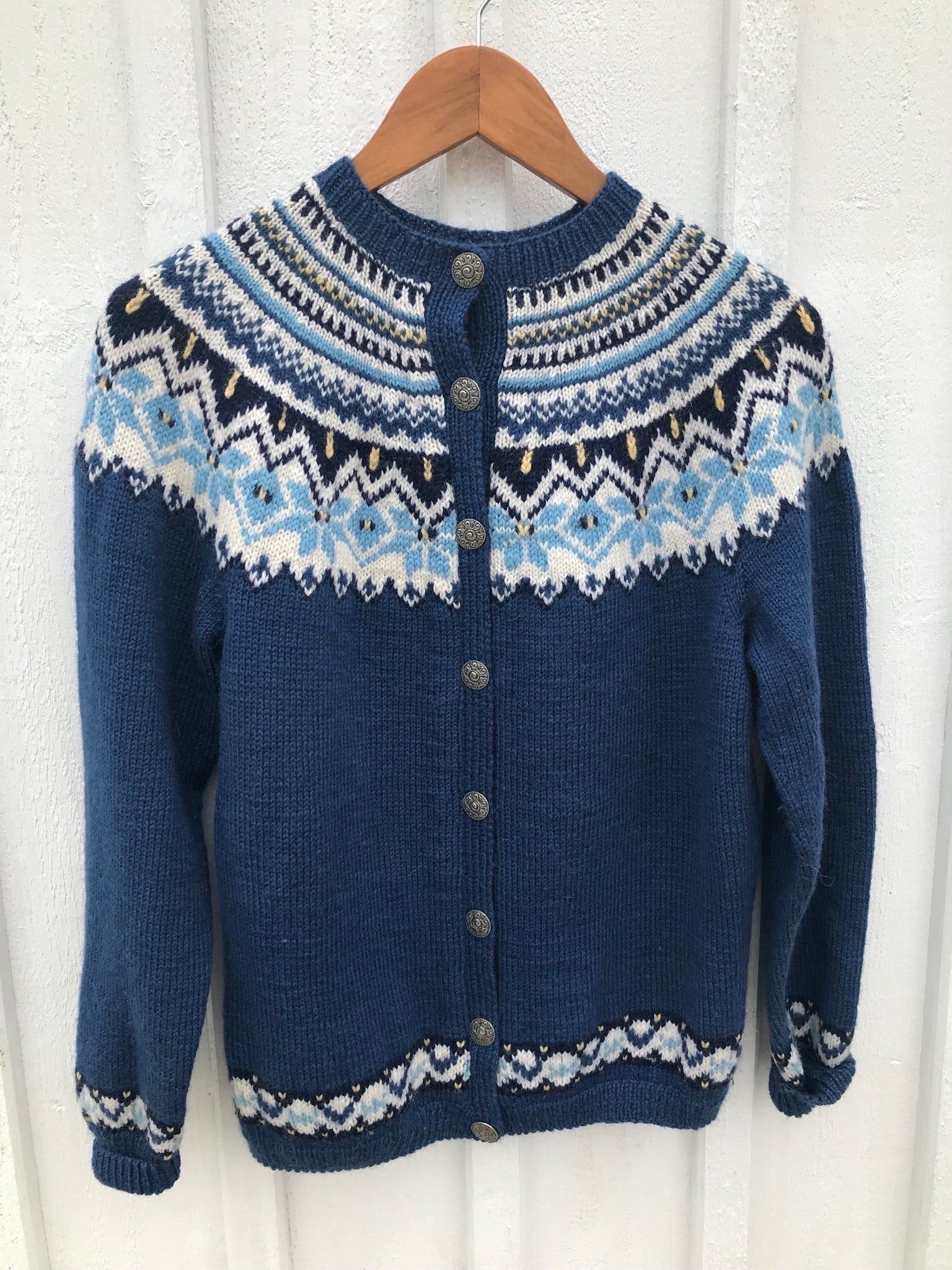 Hand-knit patterned wool sweater with Norwegian design