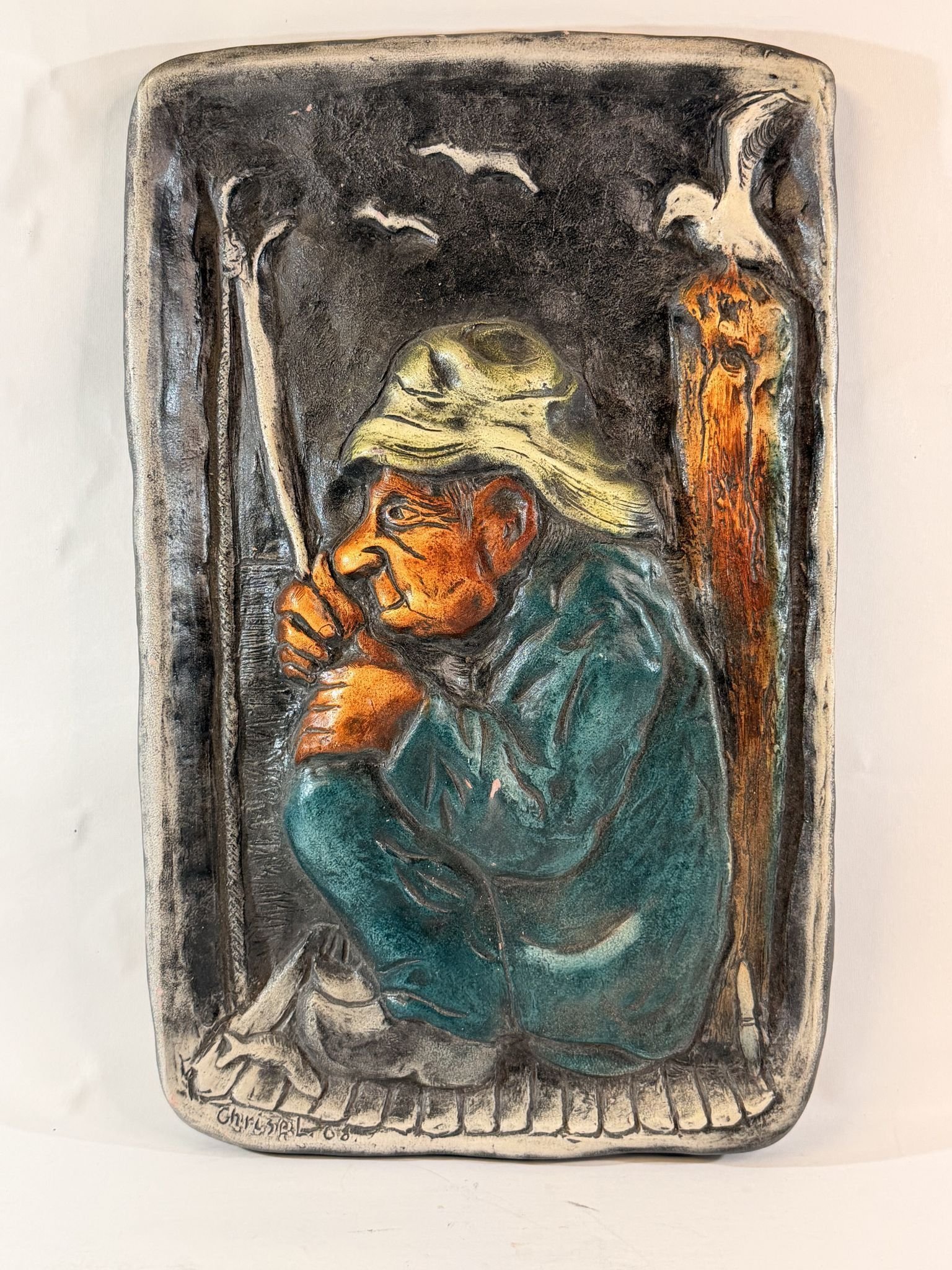 TAVLA / VÄGGRELIEF / KERAMIK TAVLA GUBBE SOM FISKAR / FISKARE DESIGN CRISEL