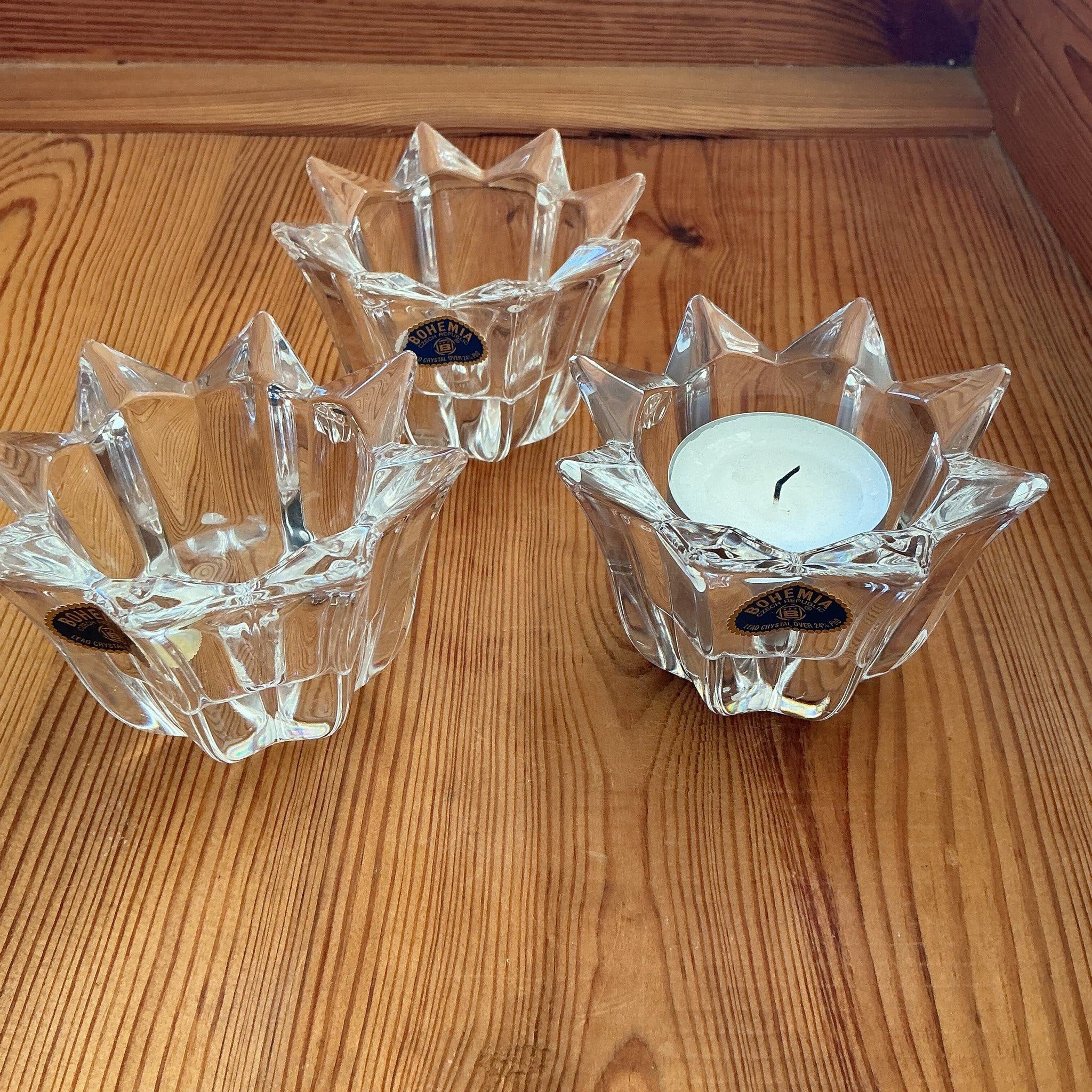 Set of three Bohemia crystal candle holders for tealights