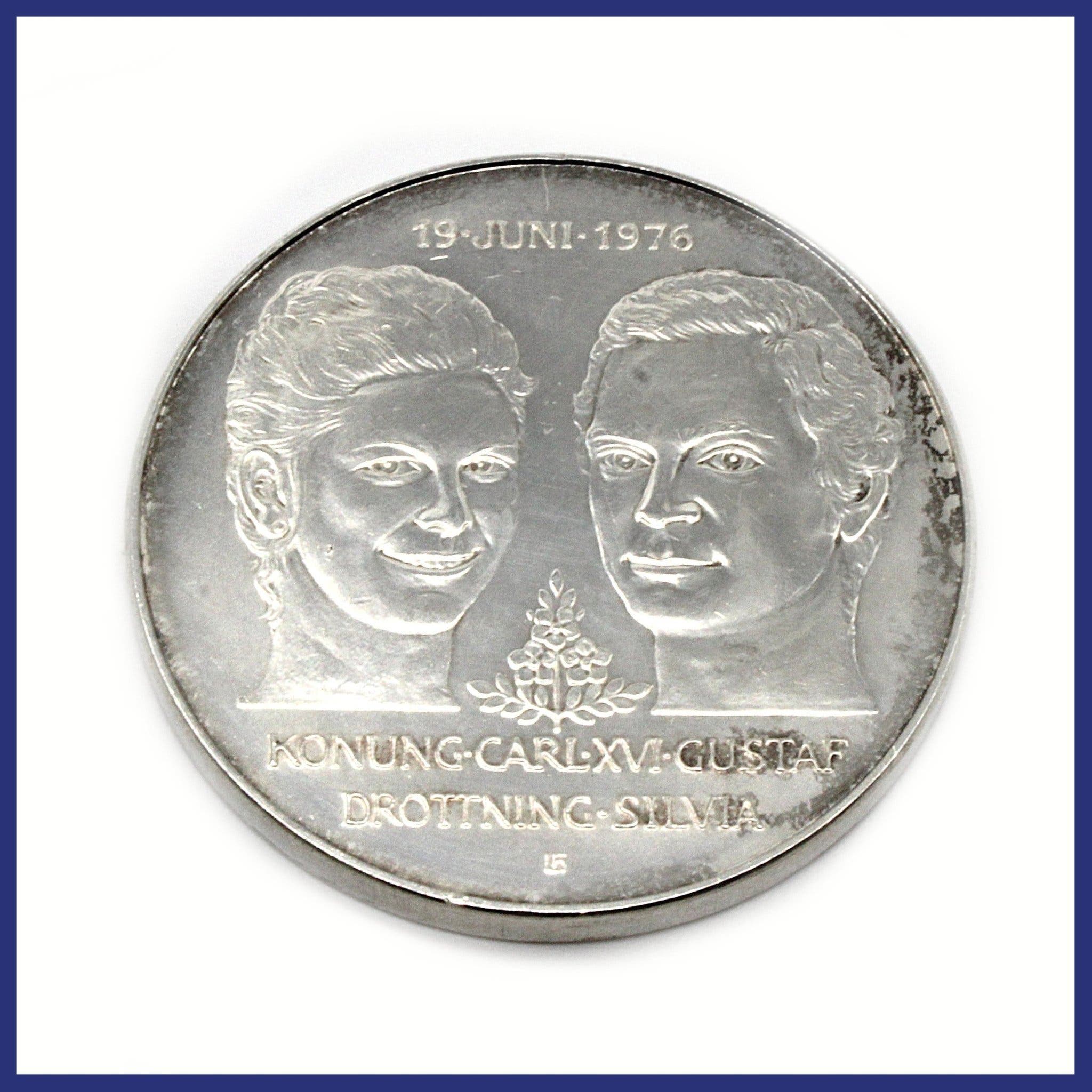 Mynt, 925 silver, Carl XVI Gustaf och Drottning Silvia, 1976, 50kr (vikt 27g)