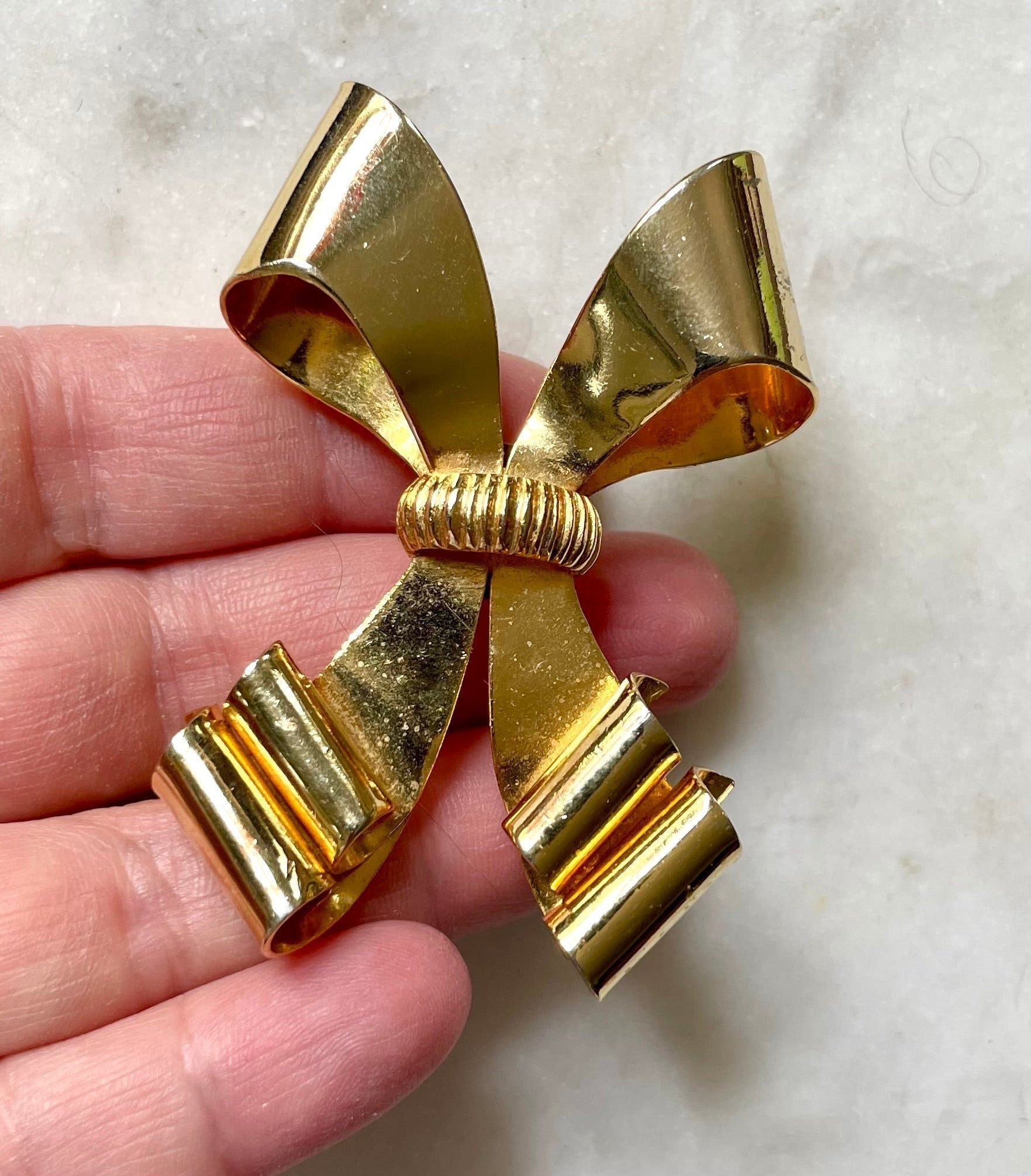STOR BROSCH ROSETT GULD FÖRGYLLD GULMETALL BROOCH BOW VINTAGE RETRO 50 60 TAL
