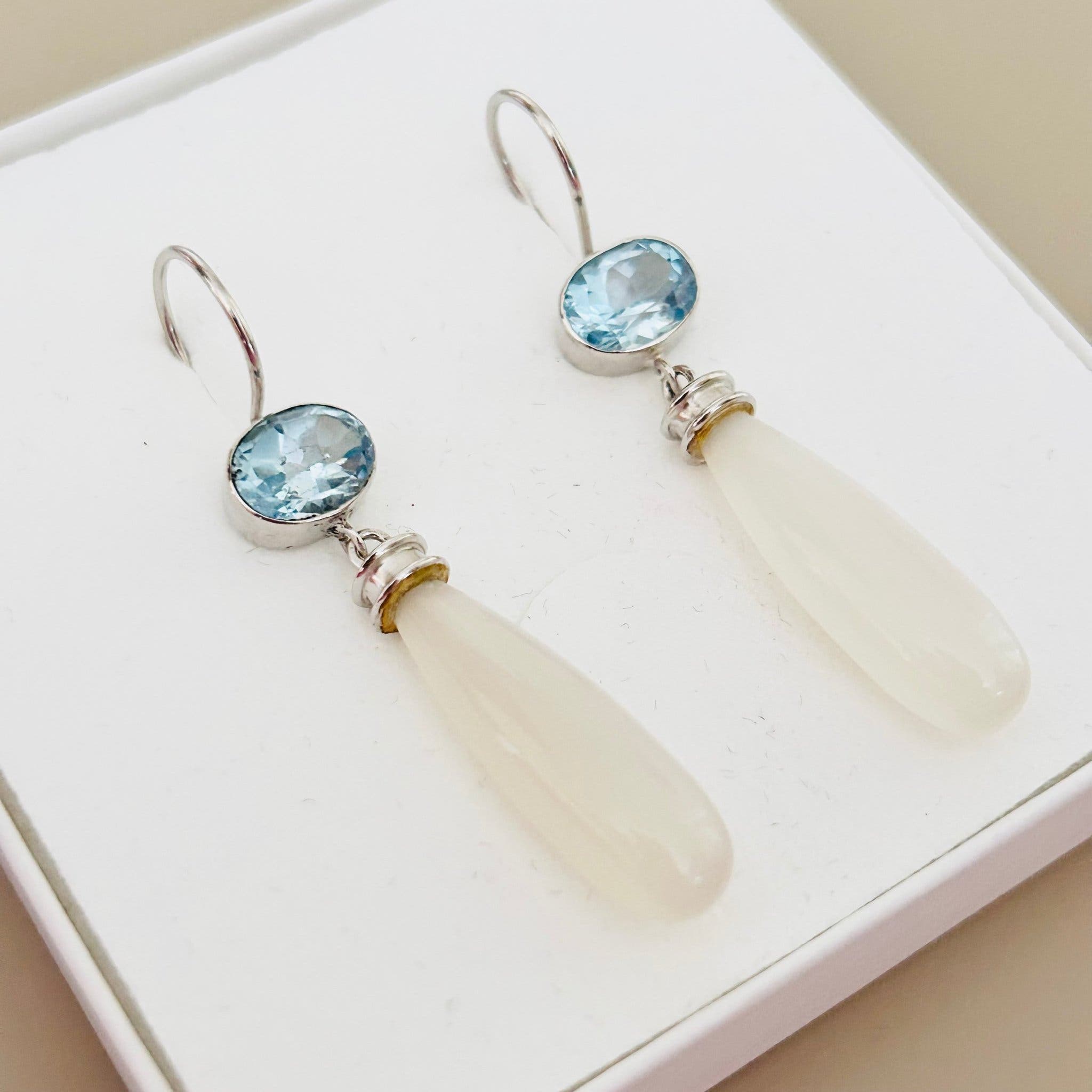 genuine moonstone earrings decorated with blue topaz stones in sterling silver 9