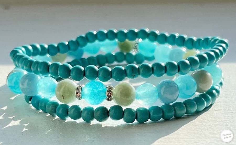 Tre armband stretch med kalcedon/turkos/naturst.. Köp på Tradera (645586674)