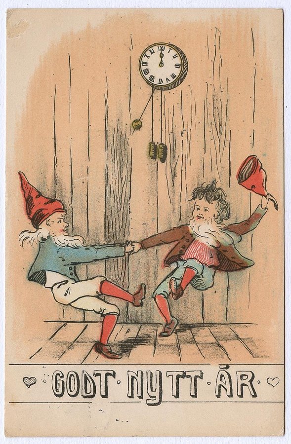 3 Gott Nytt-kort, tomtar, ca 1905